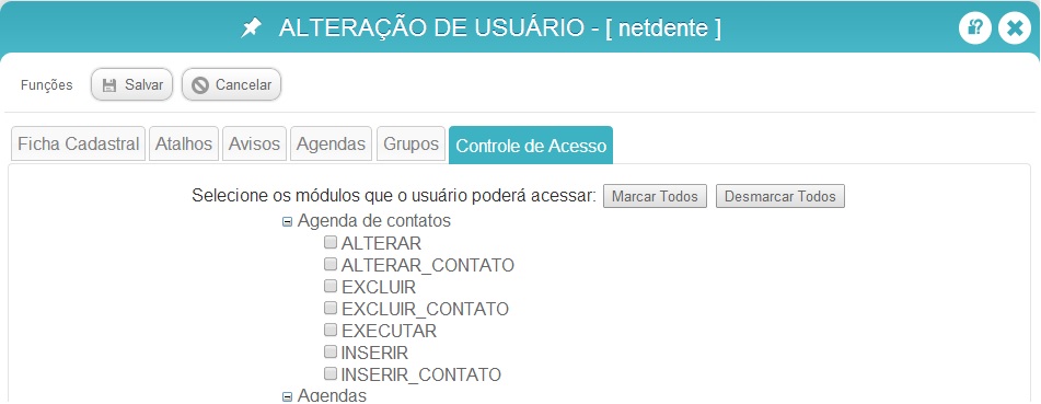 Alteração de controle de acesso Usuários